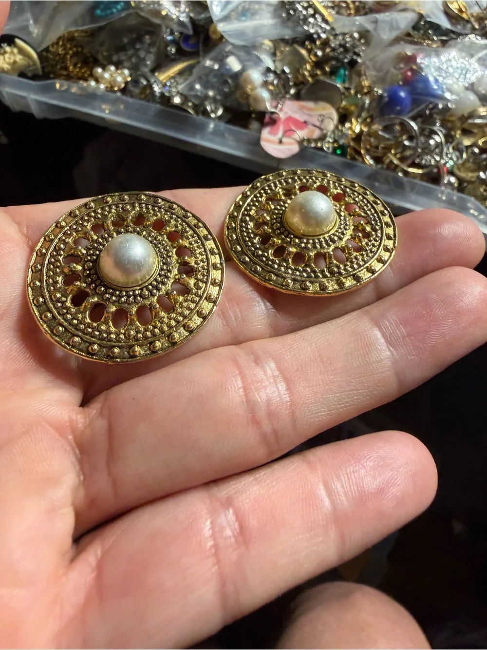 Vintage Gold -Tone Filigree Round Clip Earrings with Pearl Center